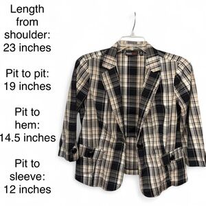 Maximo Plaid Blazer Jacket Size 12 Black, Tan & White Neutral Tartan 3/4 Sleeve